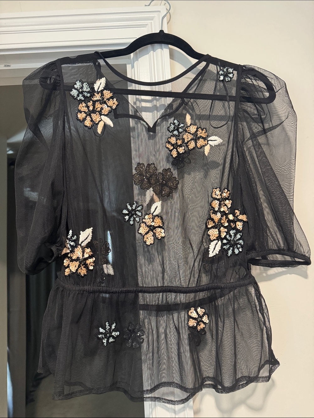 Anthropologie Black Sheer Mesh Floral Appliqué Peplum Blouse